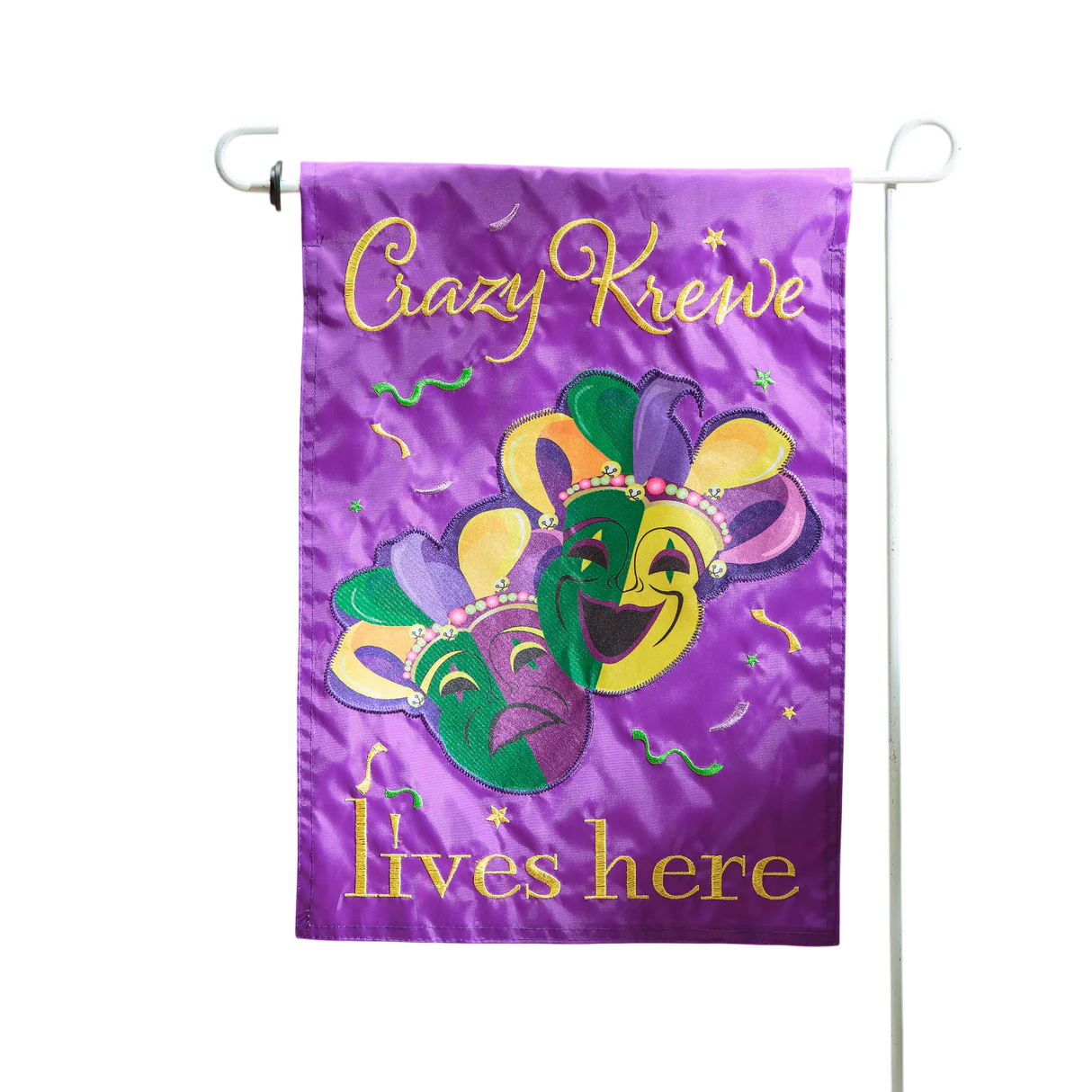 Crazy Krewe Lives Here Applique Garden Flag