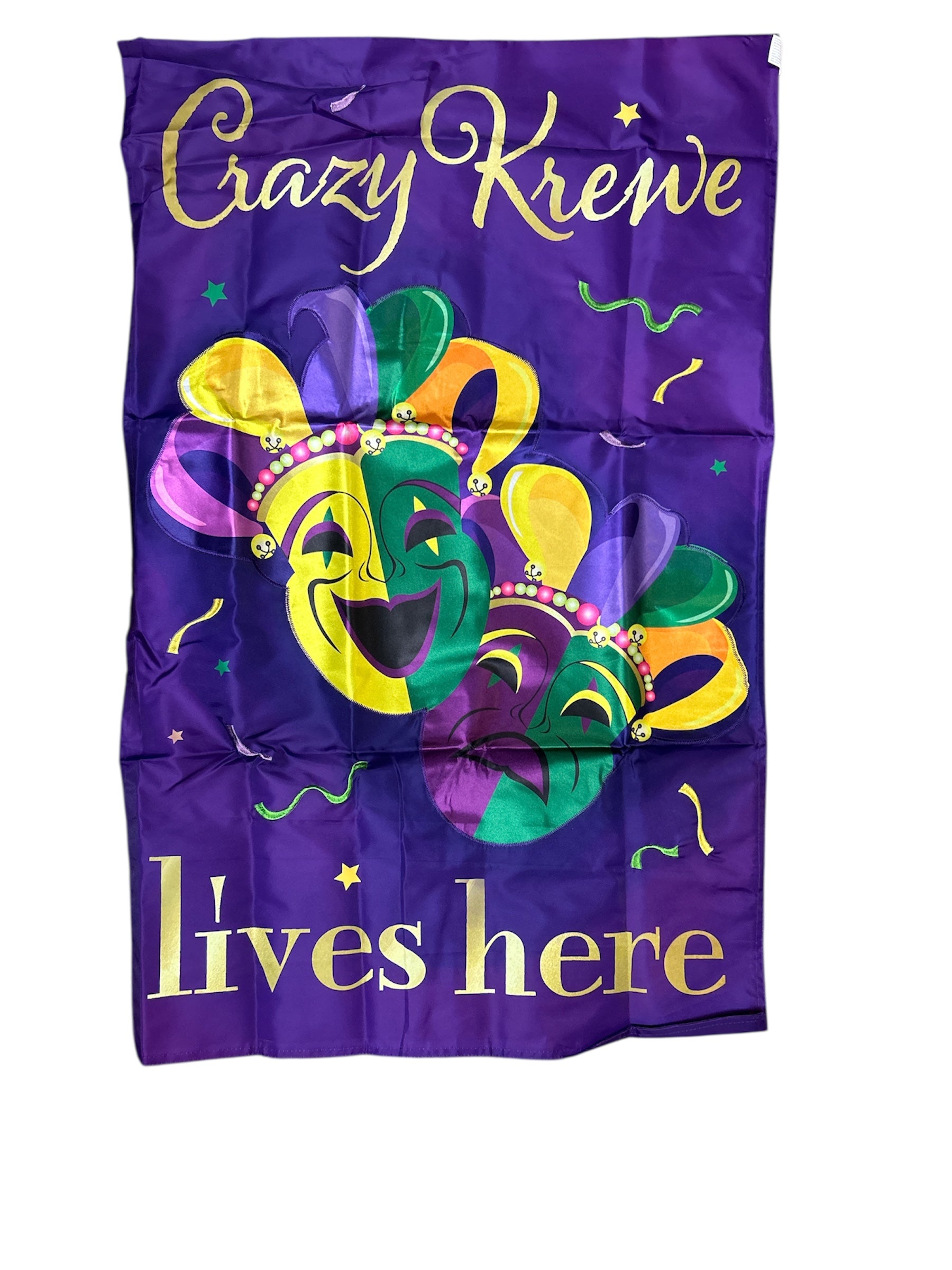 Crazy Krewe Lives Here Applique House Flag