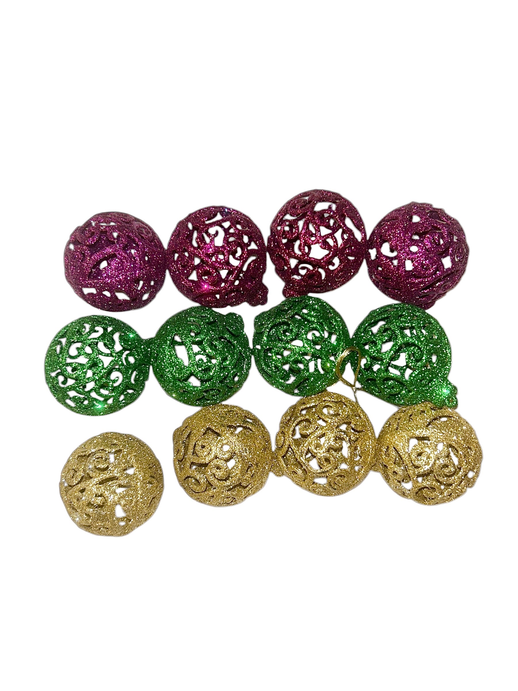 Purple, Green, and Gold Glitter Ornaments 1dz