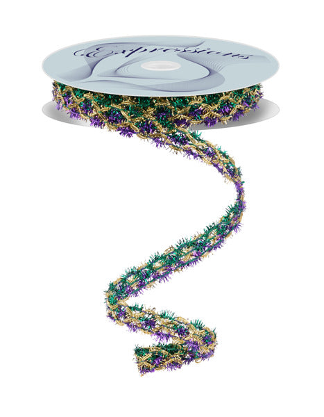 5/8" x 10yd Purple, Green, & Gold Tinsel Lace