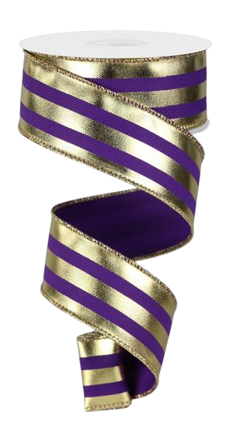 1.5" x 10yd Metallic Gold Ribbon W/ Purple Stripes