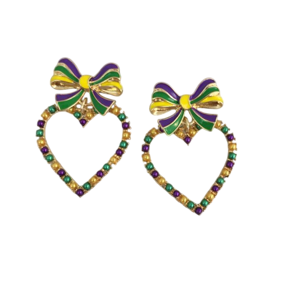 Mardi Gras Heart W/ Bow Earrings