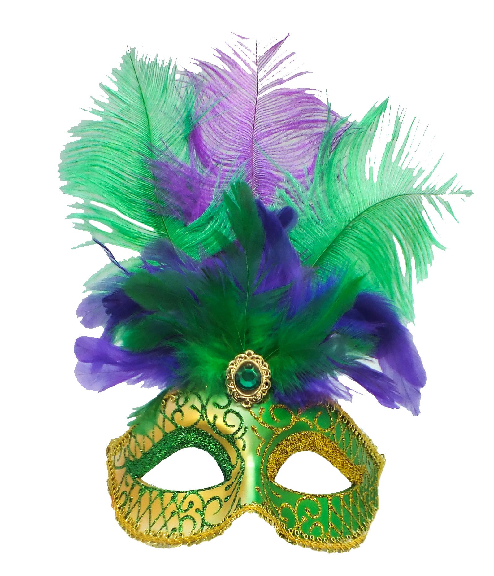 Green Stone Mask with Purple & Green Feathers