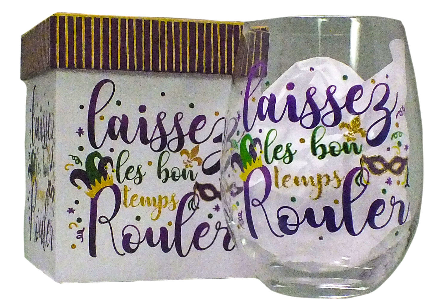 Stemless Mardi Gras Wine Glass