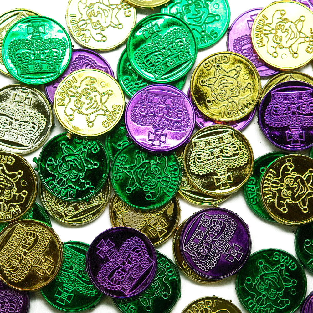 Purple, Green, and Gold Jester Face Coins