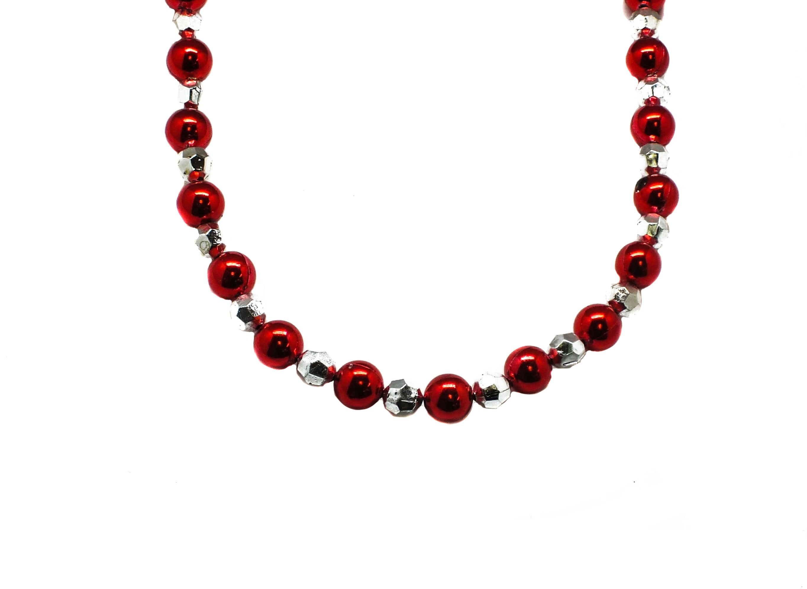 36 Round Red and Silver Faceted Mardi Gras Bead Necklace
