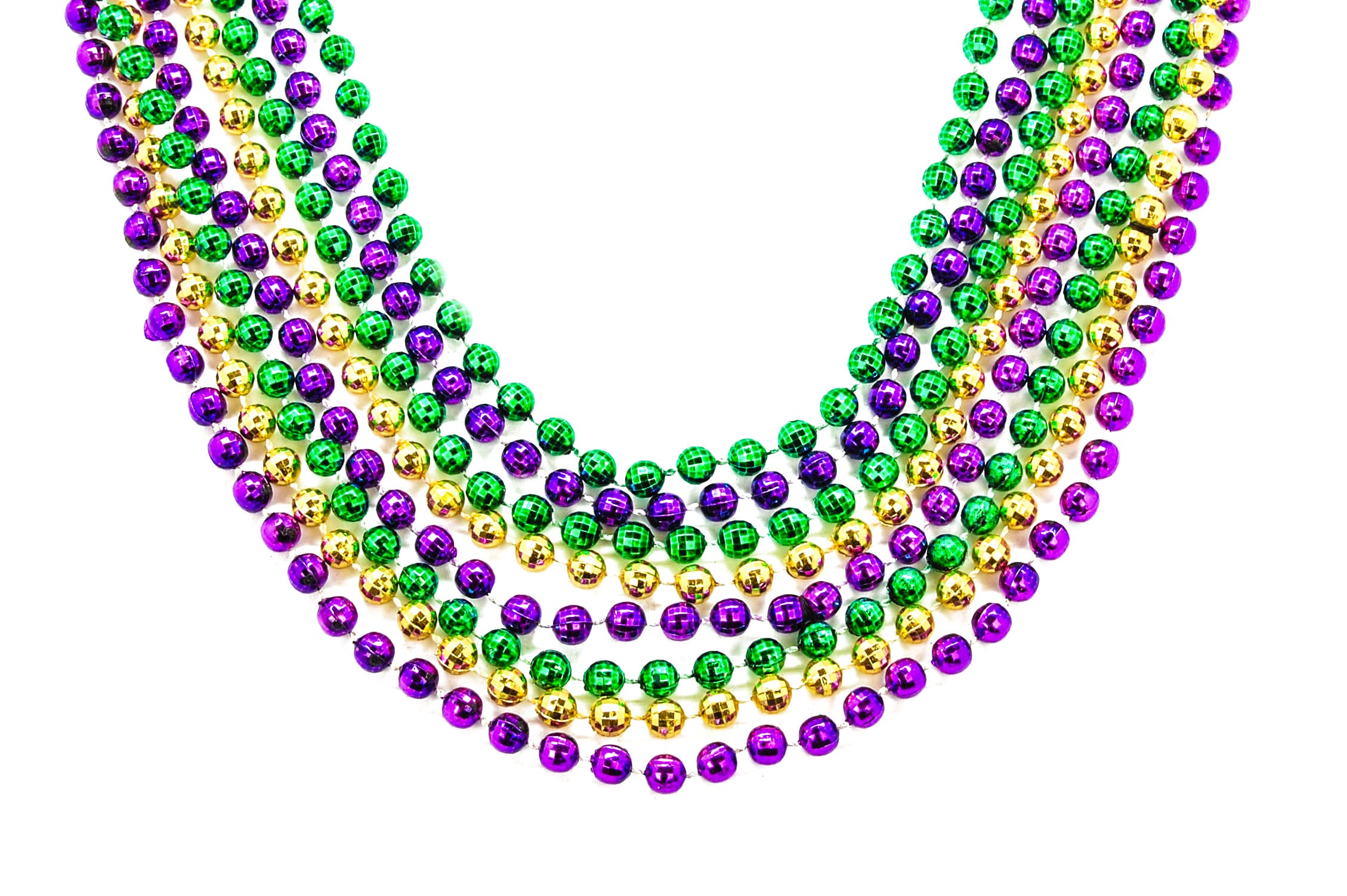 Purple, Gold & Green Plastic Mardi Gras Bead Necklaces