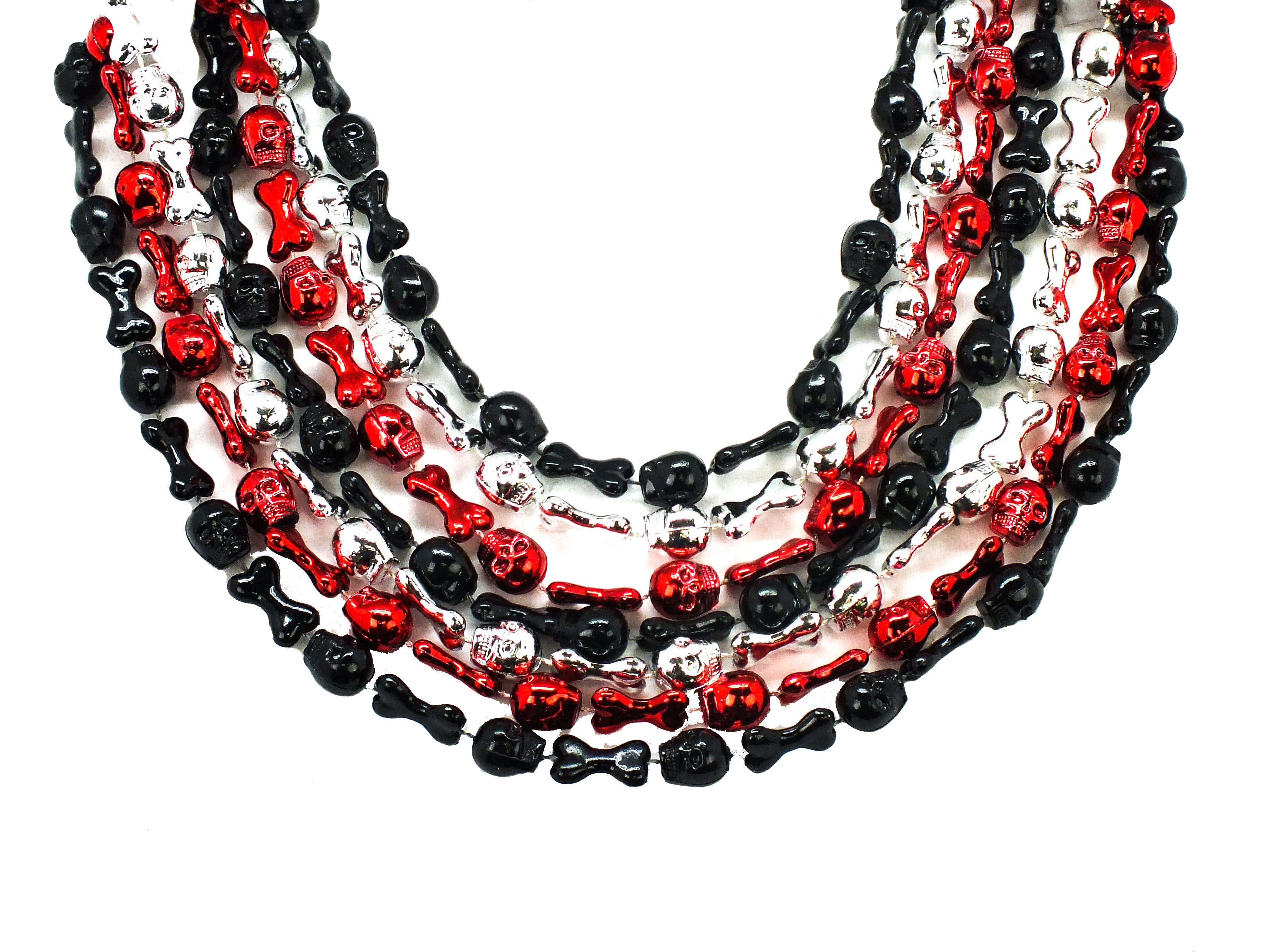 36" Skull and Bones Beads Red, Silver and Black