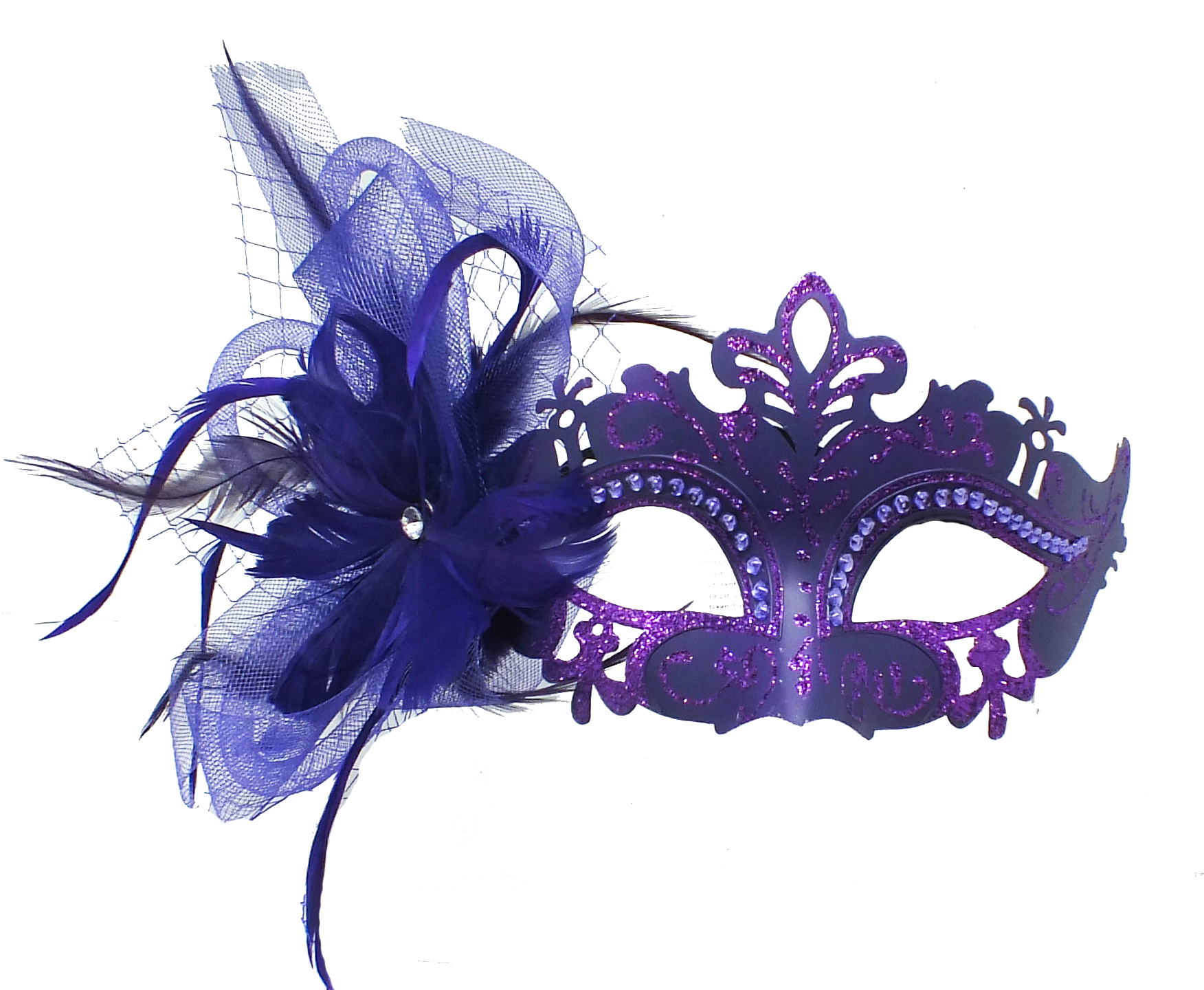 Venetian Mask with Coque & Peacock Feathers Purple