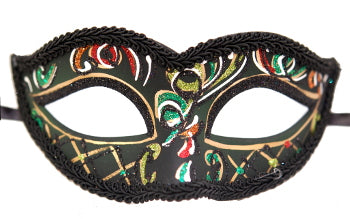 Black Venetian Cateye Mask with Red and Green Glitter