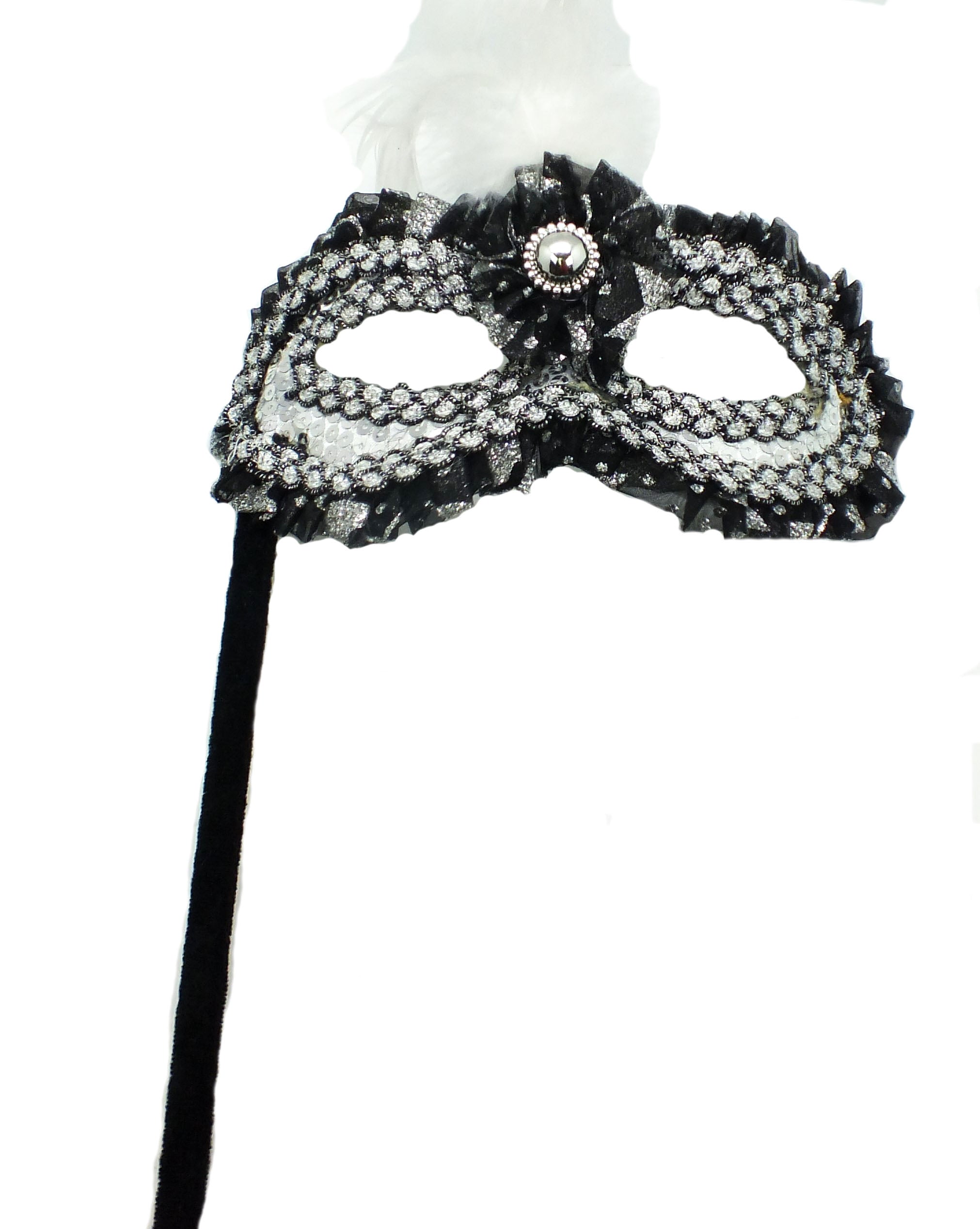 Silver and Black Sequin Mask with Stick