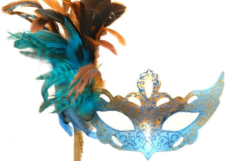 Blue and Gold Feathered Venetian Mask with Stick