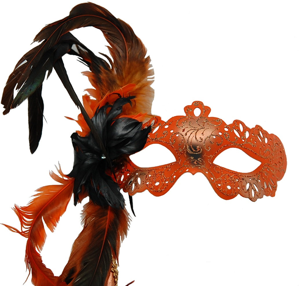 Orange and Silver Lace Style Feather Mask with Stick