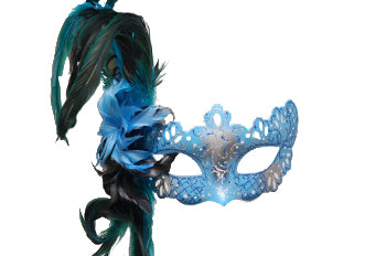 Sky Blue and Silver Lace Style Feather Mask with Stick
