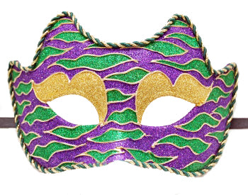 Purple, Green, and Gold Striped Venetian Mask