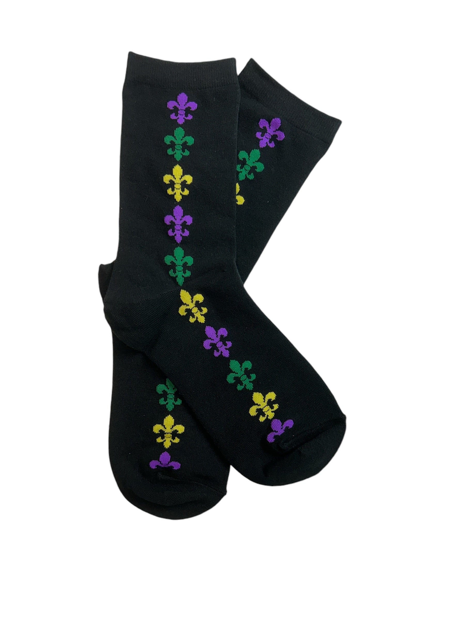 Purple, Green, & Gold Fleur de Lis Black Socks