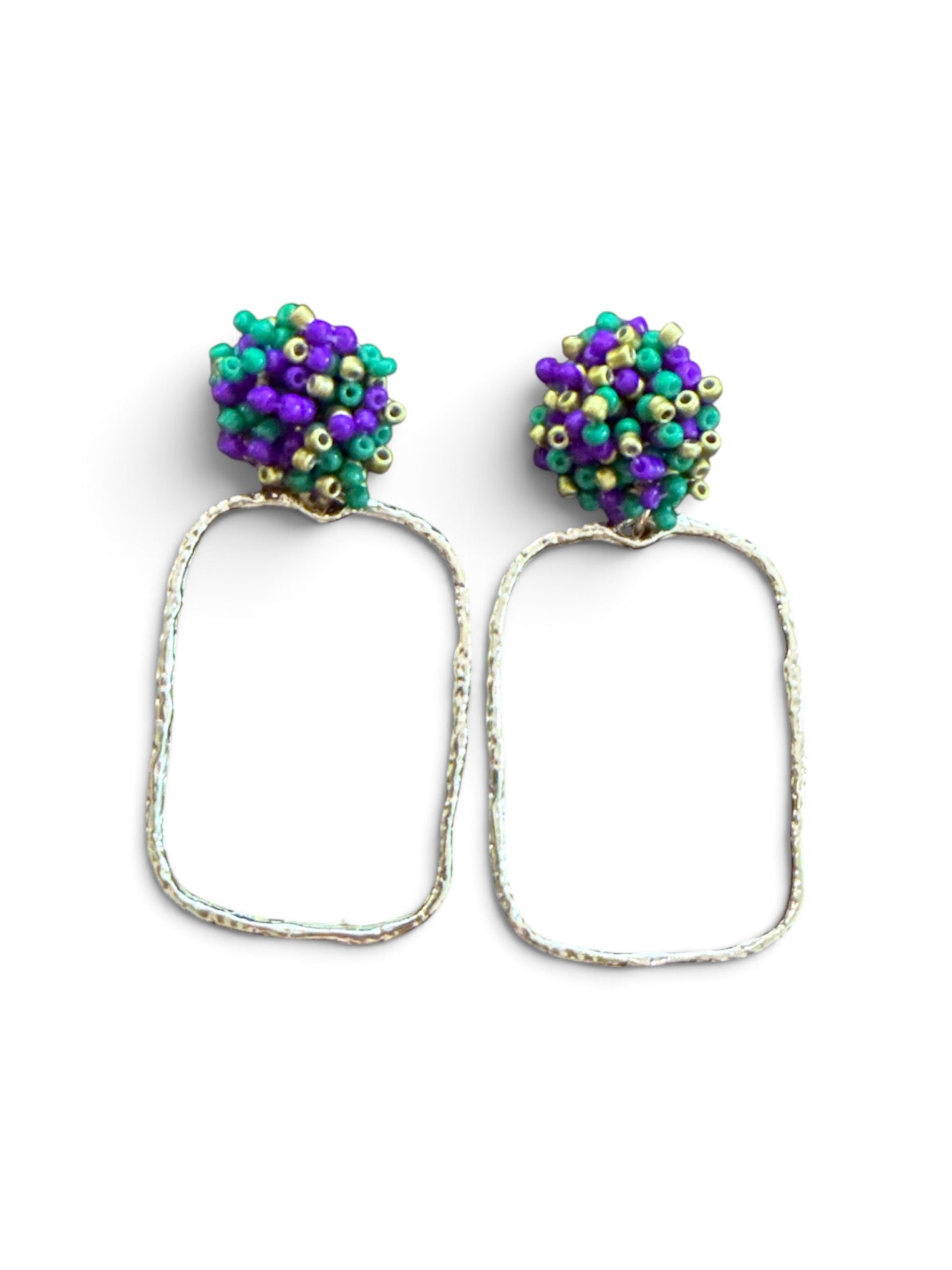 Mardi Gras Beaded Ball Earrings W/ Gold Frame