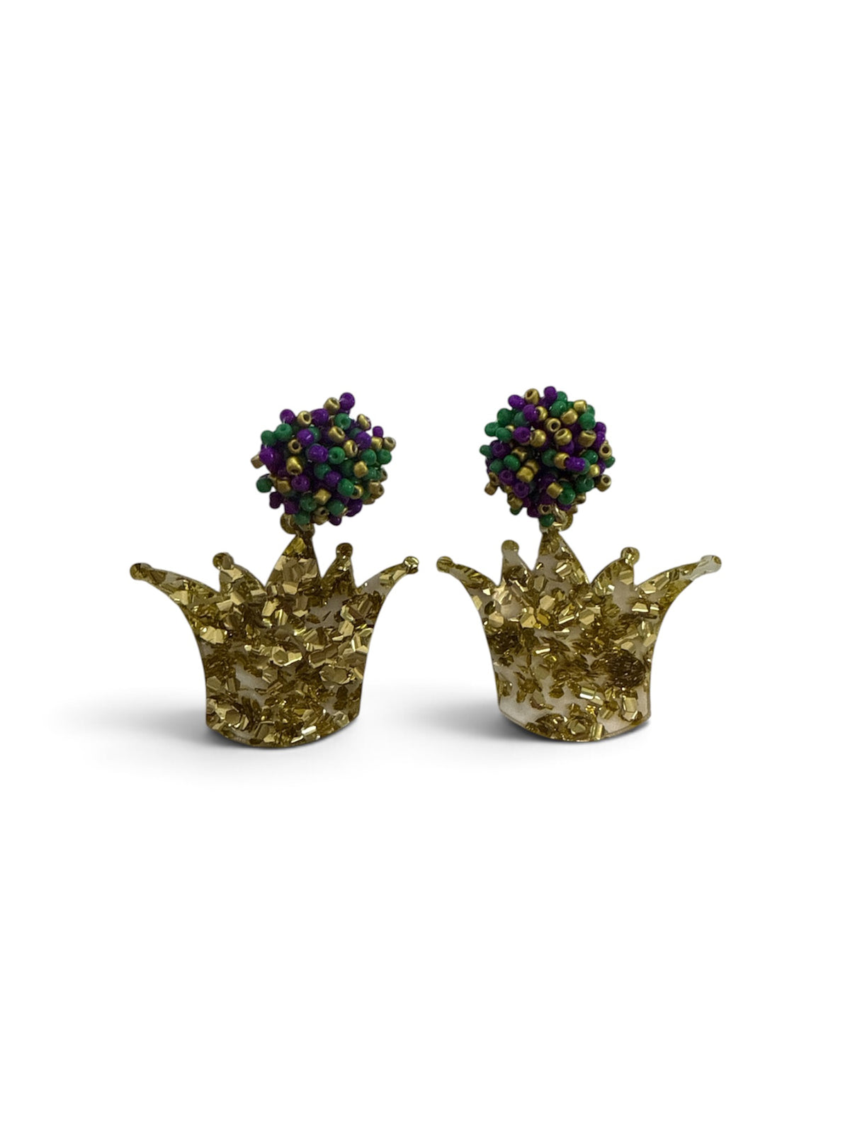 Mardi Gras Beaded Ball Earrings W/ Gold Crown