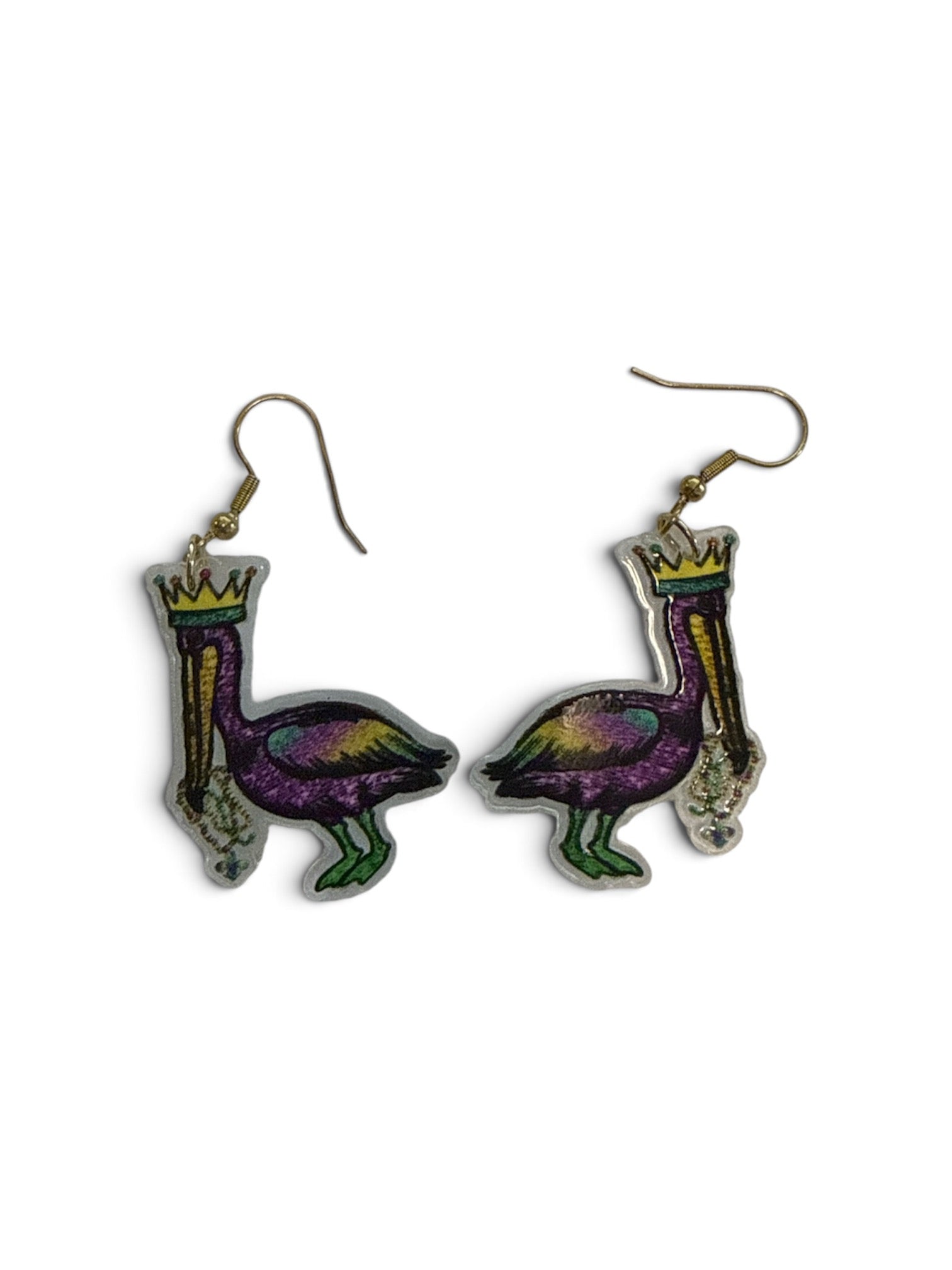 Purple, Green, & Gold Mardi Gras Pelican Earrings