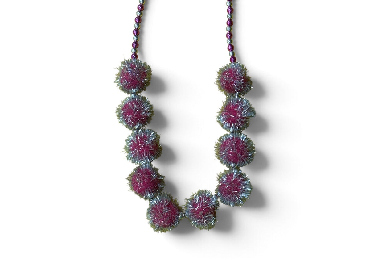 48" 60mm Silver Tinsel W/ Hot Pink Balls Bead