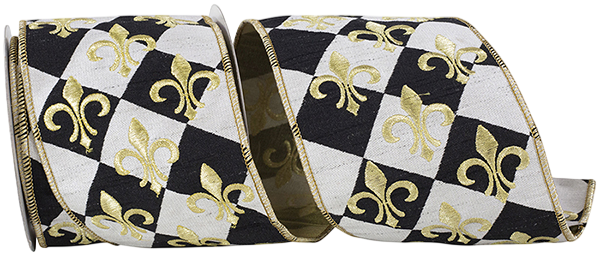 4" x 5yds Black & White Harlequin W/ Gold FDL Ribbon