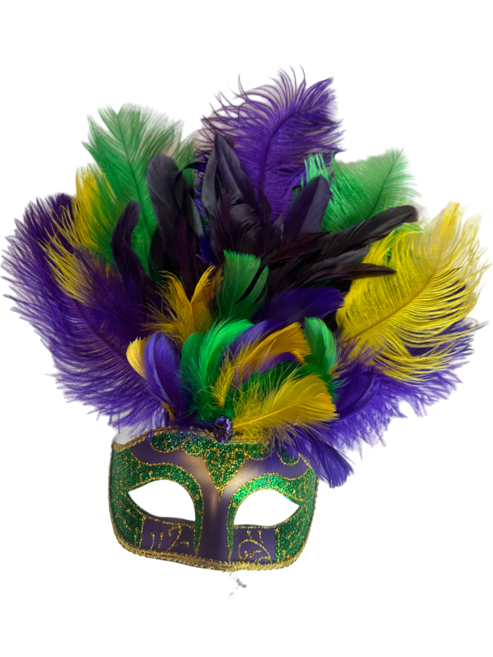 Purple, Green,and Gold Top Feather Mask