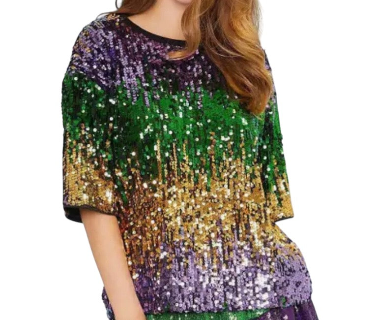 Mardi Gras Sequin Round Neck Top