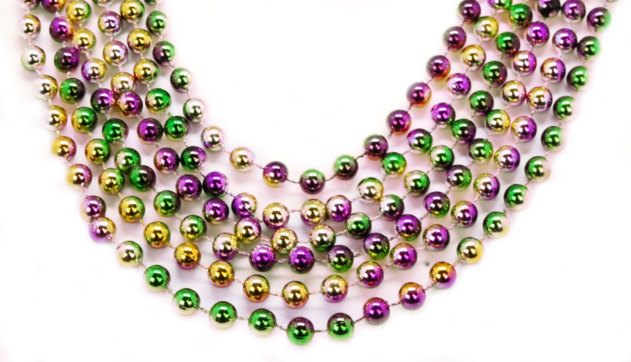 48" 10mm Round Beads Tri-Color Purple, Green, and Gold