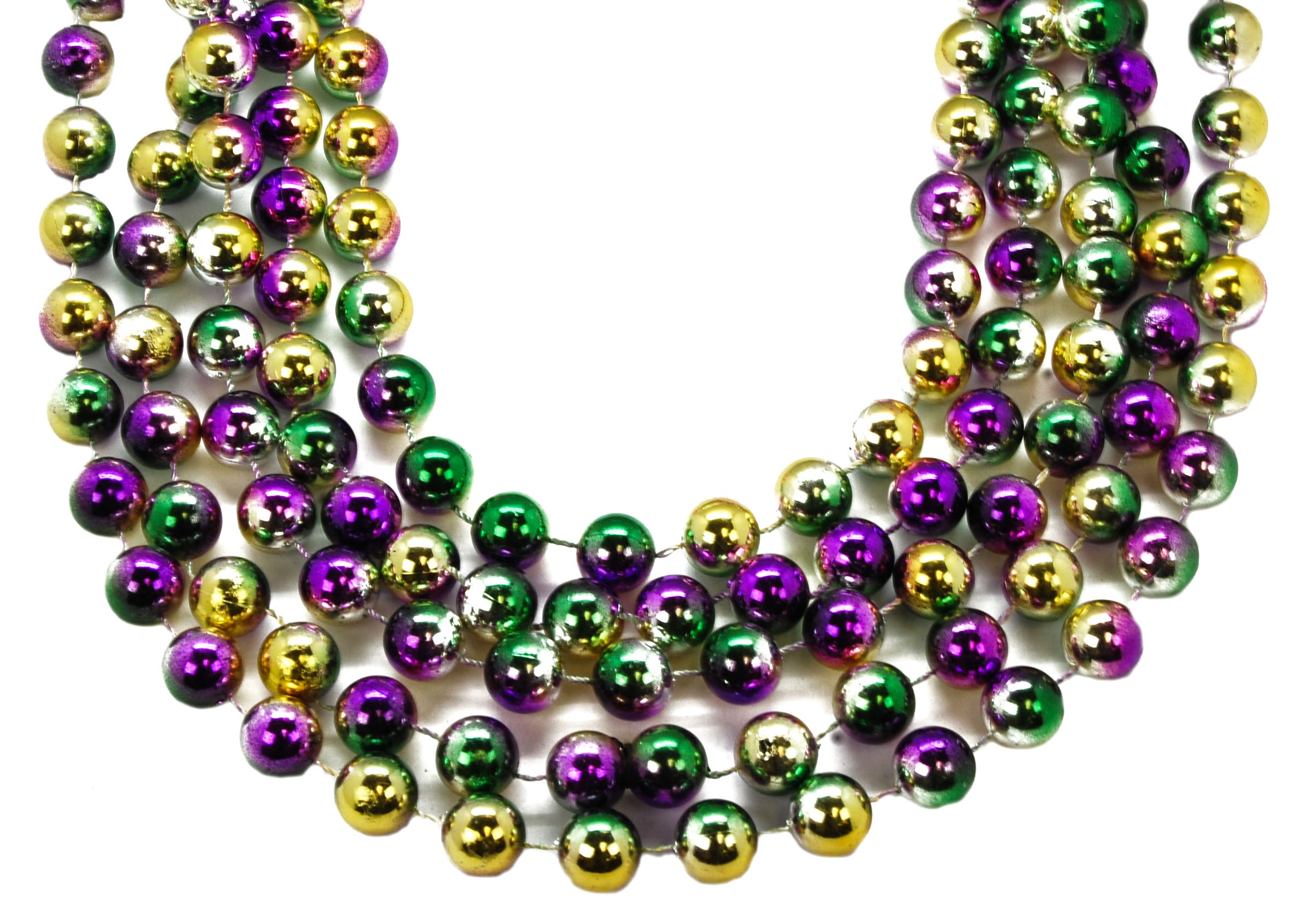 48" 16mm Round Beads Tri-Color Purple, Green, and Gold