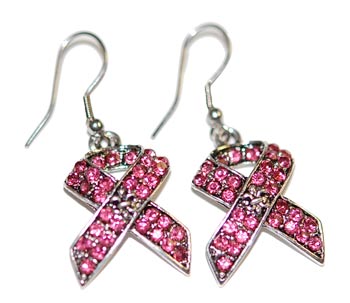 Pink Cancer Ribbon Earrings with Fleur de Lis