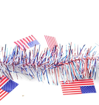 9' Patriotic Tinsel Garland with American Flags
