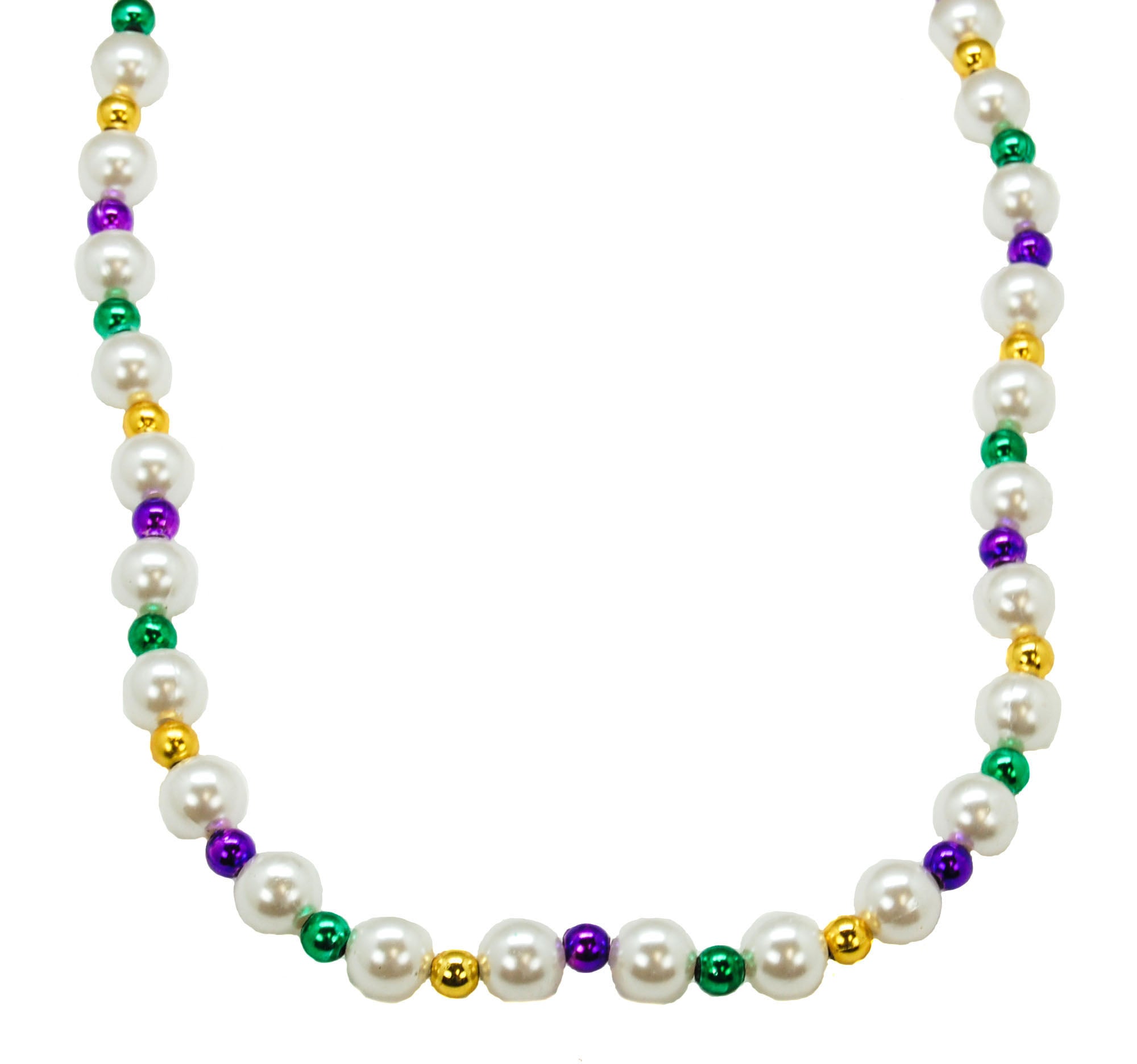 42" 14mm White Pearl Bead with Purple, Green and Gold Spacers
