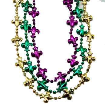 36" Purple, Green, and Gold Fleur De Lis Beads