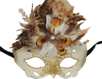 Cream Venetian Style Cateye Mask with Feather Trim