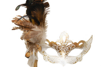 Gold and White Feathered Venetian Mask with Stick