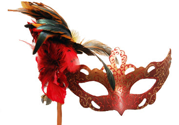 Red and Copper Feathered Venetian Mask with Stick
